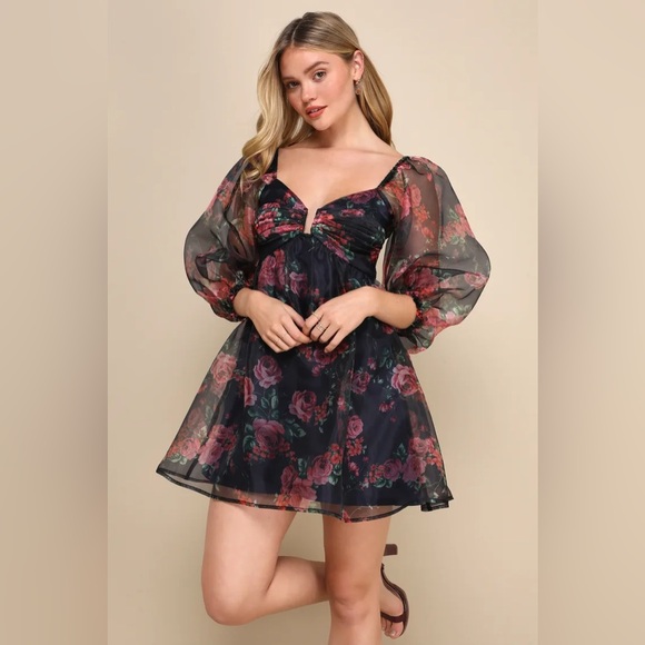 Lulus Dresses & Skirts - Lulus‎ Sweetly Flirty Navy Blue Floral Organza Puff Sleeve Mini Dress